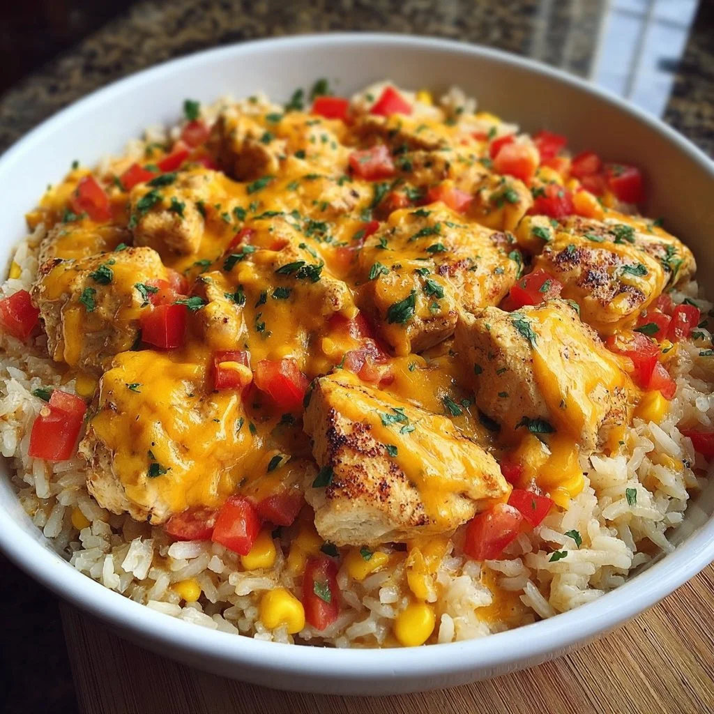 One-Pot Cheesy Mexican Chicken and Rice dish with vibrant colors and cheese