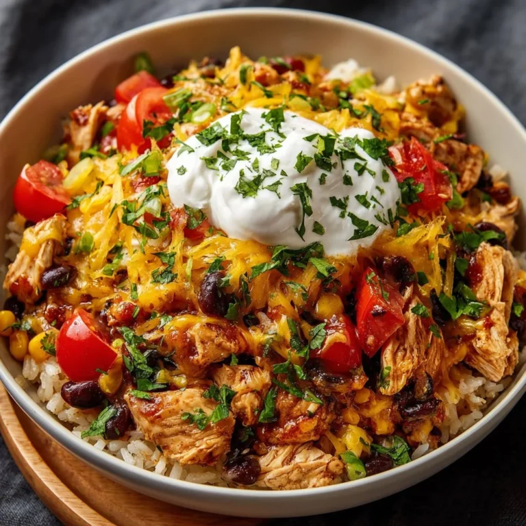 Delicious One-Pot Chicken Nacho Rice Bowl with creamy toppings and fresh garnishes.