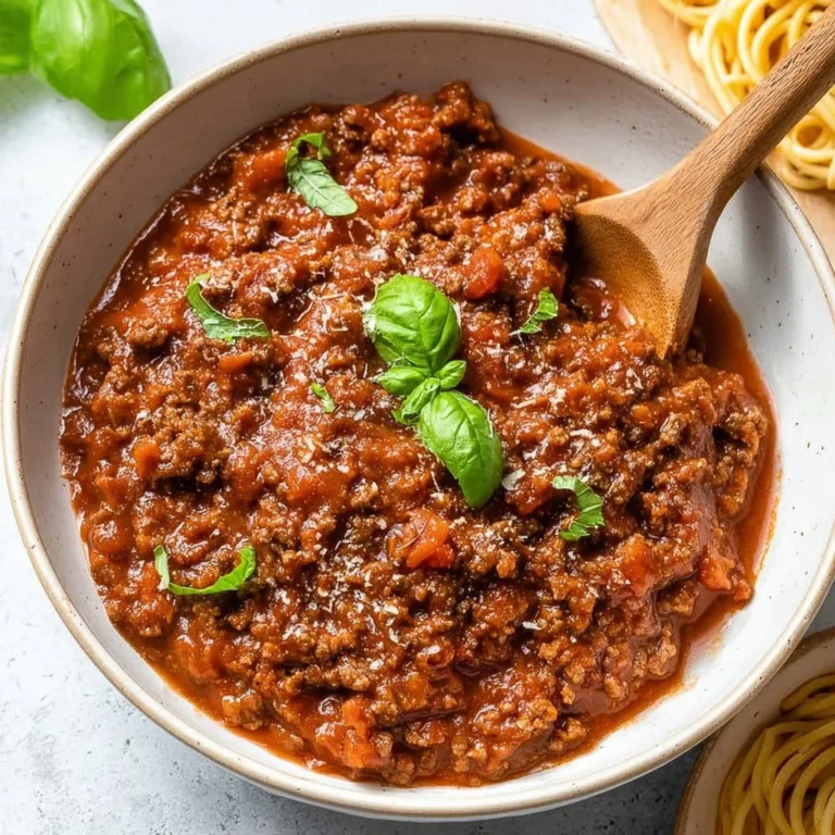 Delicious homemade meat sauce simmering in a pot for spaghetti