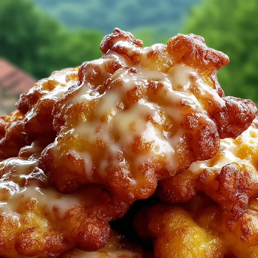 Crispy peach fritters drizzled with glaze on a plate