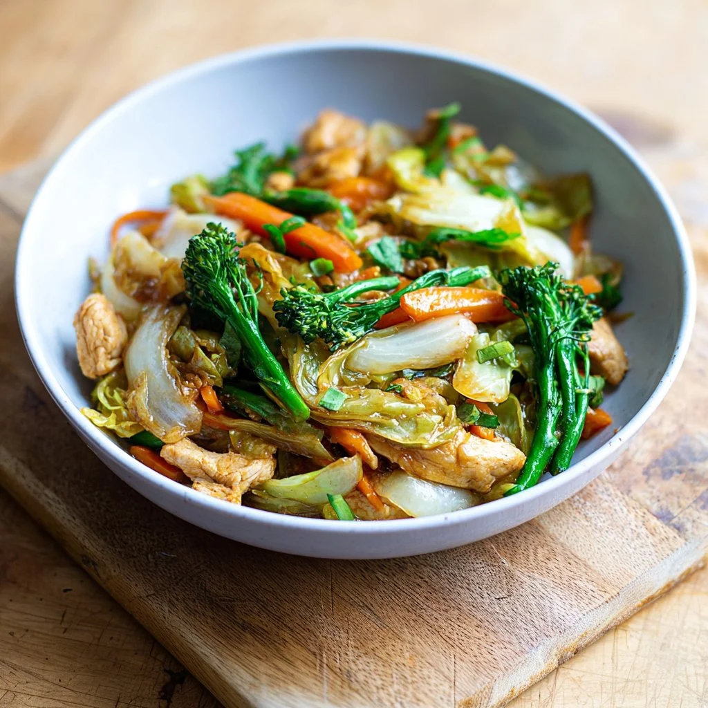 Quick and easy chicken cabbage stir fry in a skillet