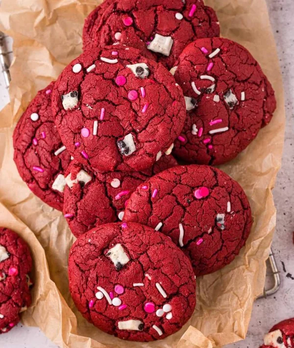 Delicious homemade Red Velvet Cookies on a cooling rack