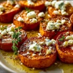 Roasted sweet potato rounds drizzled with honey and topped with feta cheese
