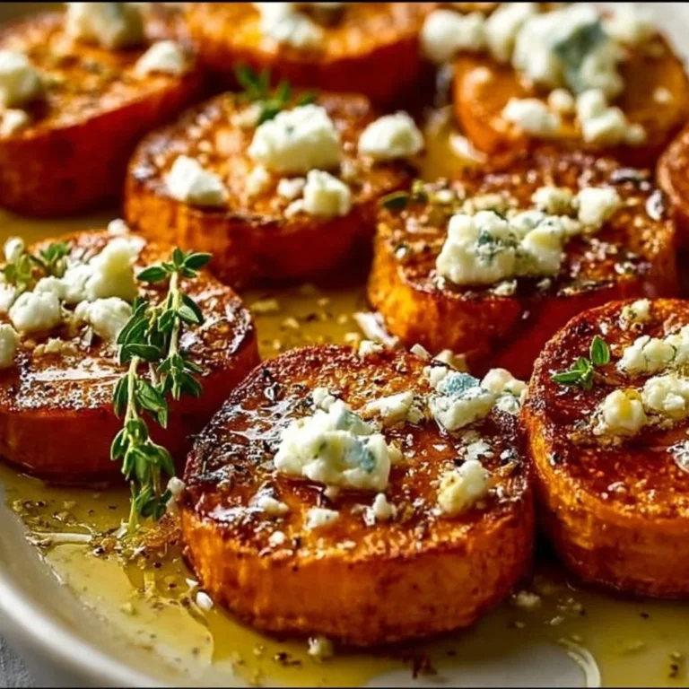 Roasted sweet potato rounds drizzled with honey and topped with feta cheese