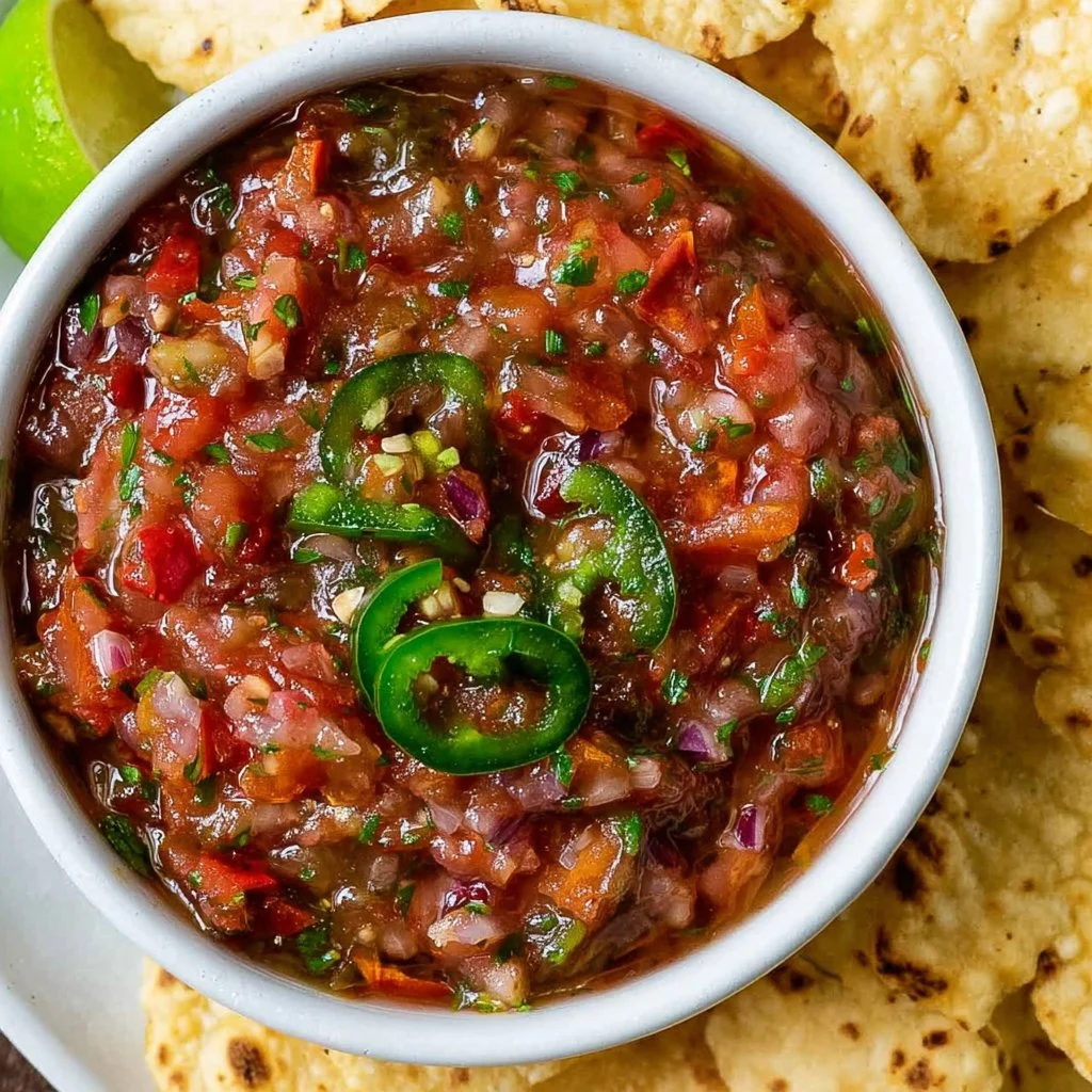 Delicious roasted tomato salsa served in a bowl with fresh herbs