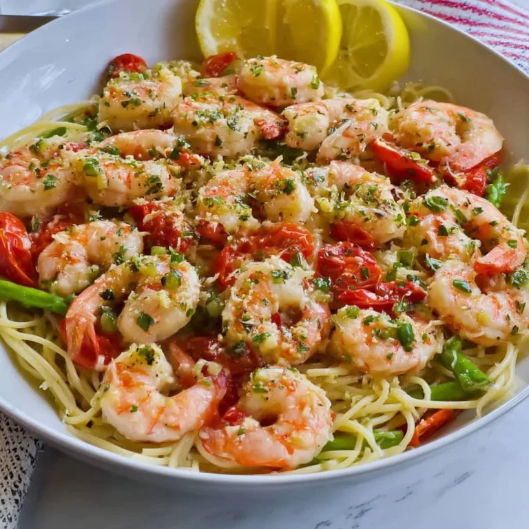 Delicious shrimp scampi served with garlic and pasta on a plate.