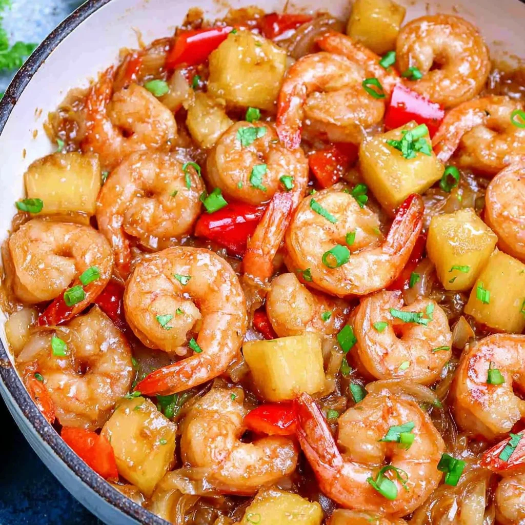 Delicious pineapple shrimp dish, showcasing shrimp and pineapple in a colorful presentation.
