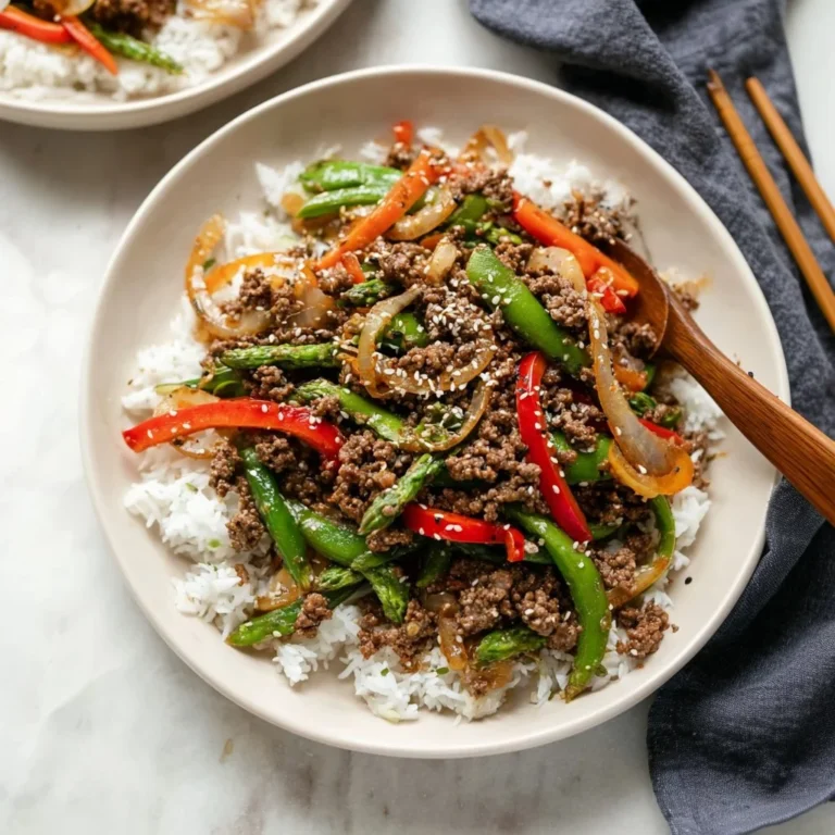 Delicious ground beef stir fry with colorful vegetables in a pan