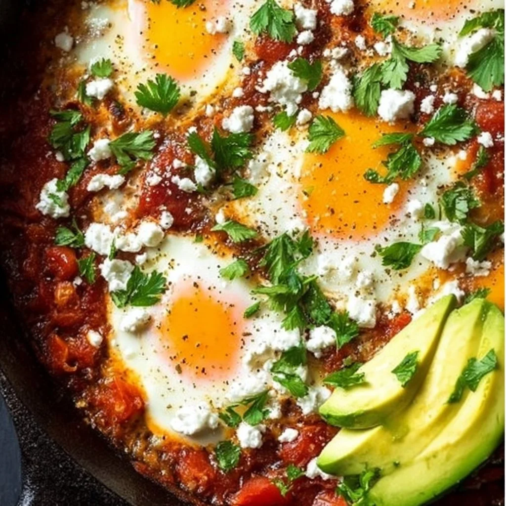 A delicious shakshuka dish with poached eggs in spicy tomato sauce