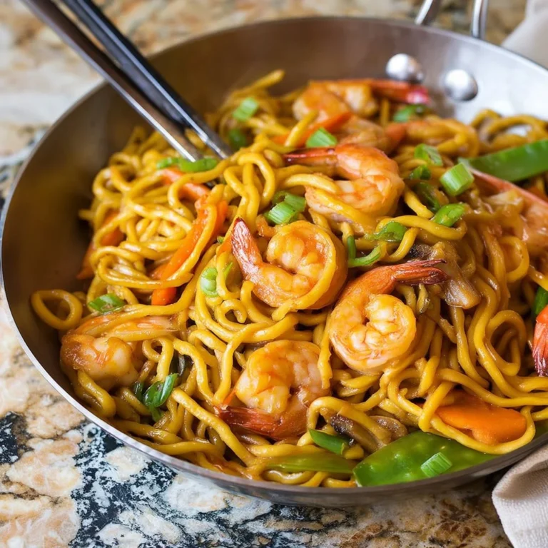 Delicious shrimp lo mein topped with vegetables and soy sauce in a bowl.
