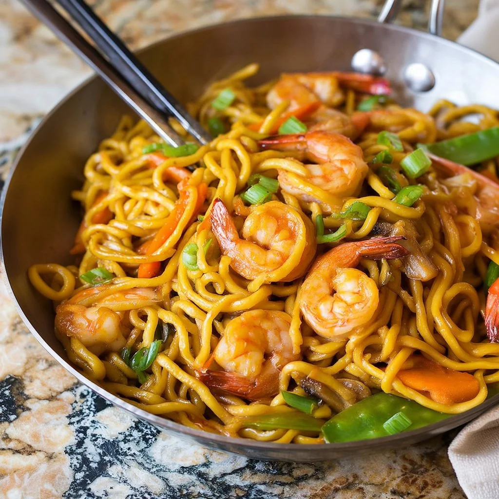 Delicious shrimp lo mein topped with vegetables and soy sauce in a bowl.