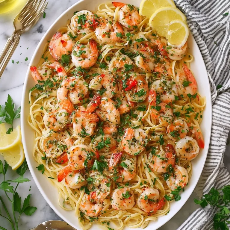 Plate of shrimp scampi with garlic butter sauce and pasta