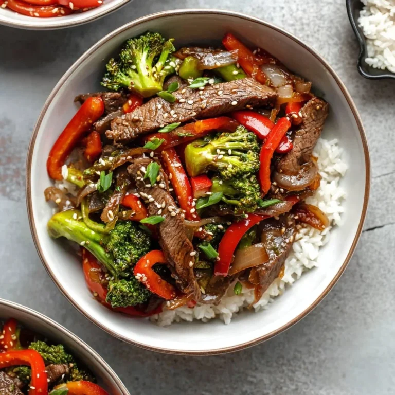Delicious homemade steak stir fry served with colorful vegetables