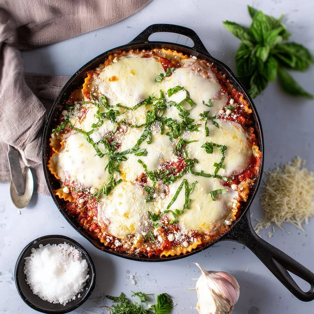 Delicious skillet lasagna served in a cast iron pan