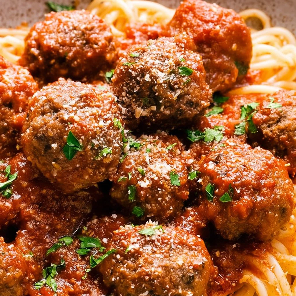 Delicious slow cooker meatballs served in a rich sauce for busy families.