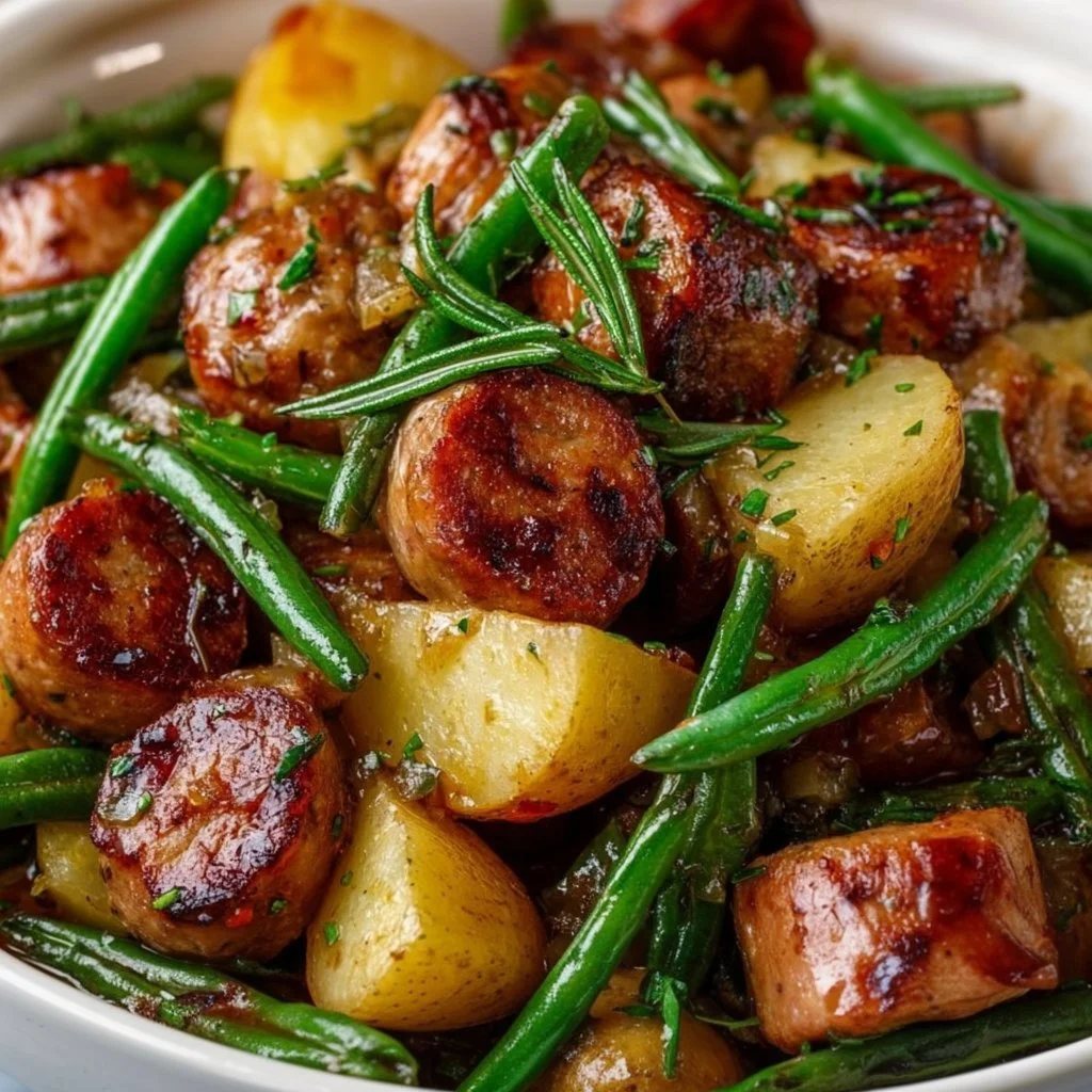 Slow cooker sausage dish with potatoes and green beans in a bowl
