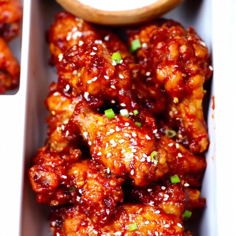 Plate of spicy Korean chicken wings garnished with sesame seeds and green onions.