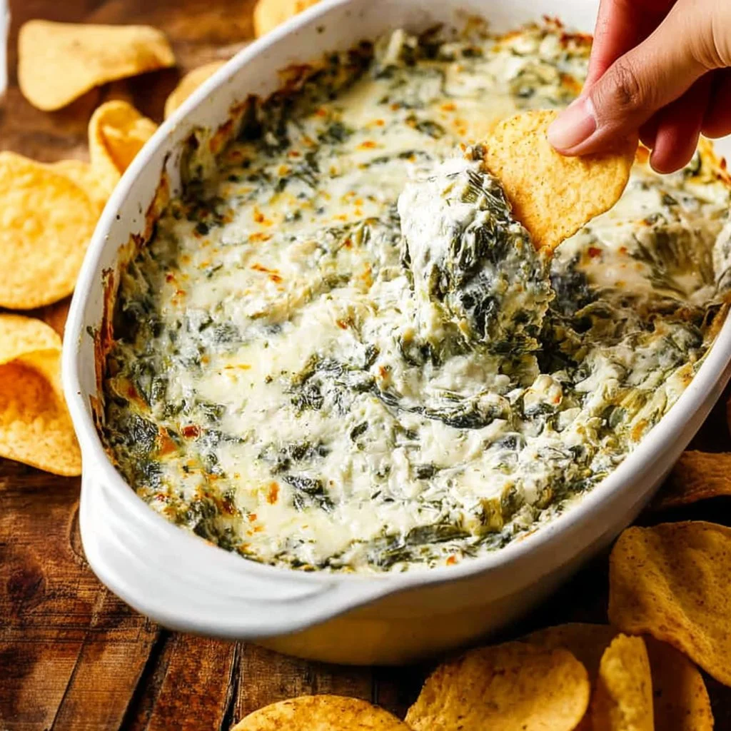 Delicious spinach artichoke dip served in a bowl, perfect for gatherings and parties.