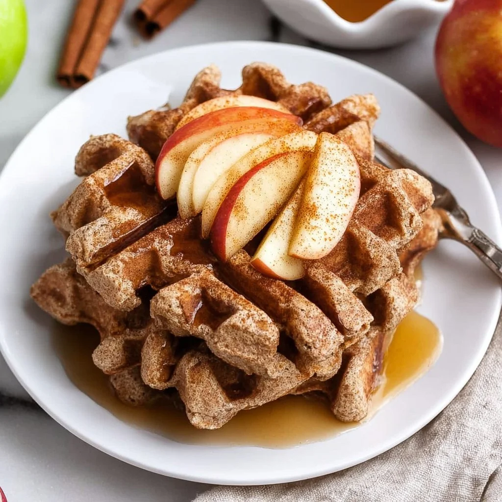 Vegan apple cinnamon waffles stacked on a plate with fresh apple slices