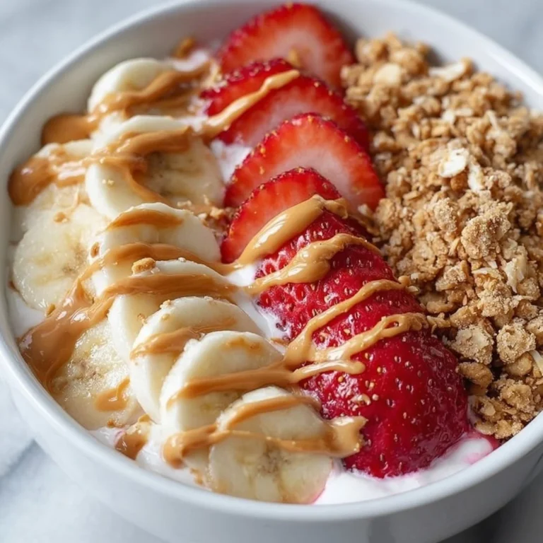 Strawberry Banana Peanut Butter Yogurt Bowl topped with fresh fruits and nuts