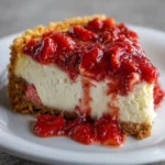 Delicious strawberry shortcake cheesecake garnished with fresh strawberries