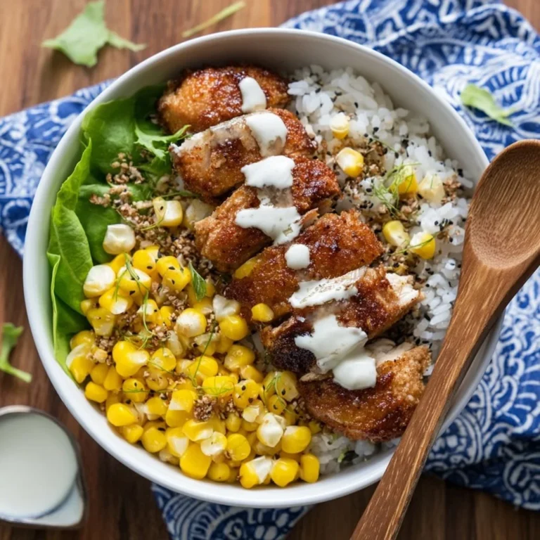 Delicious Street Corn Chicken Rice Bowl garnished with fresh herbs and lime.