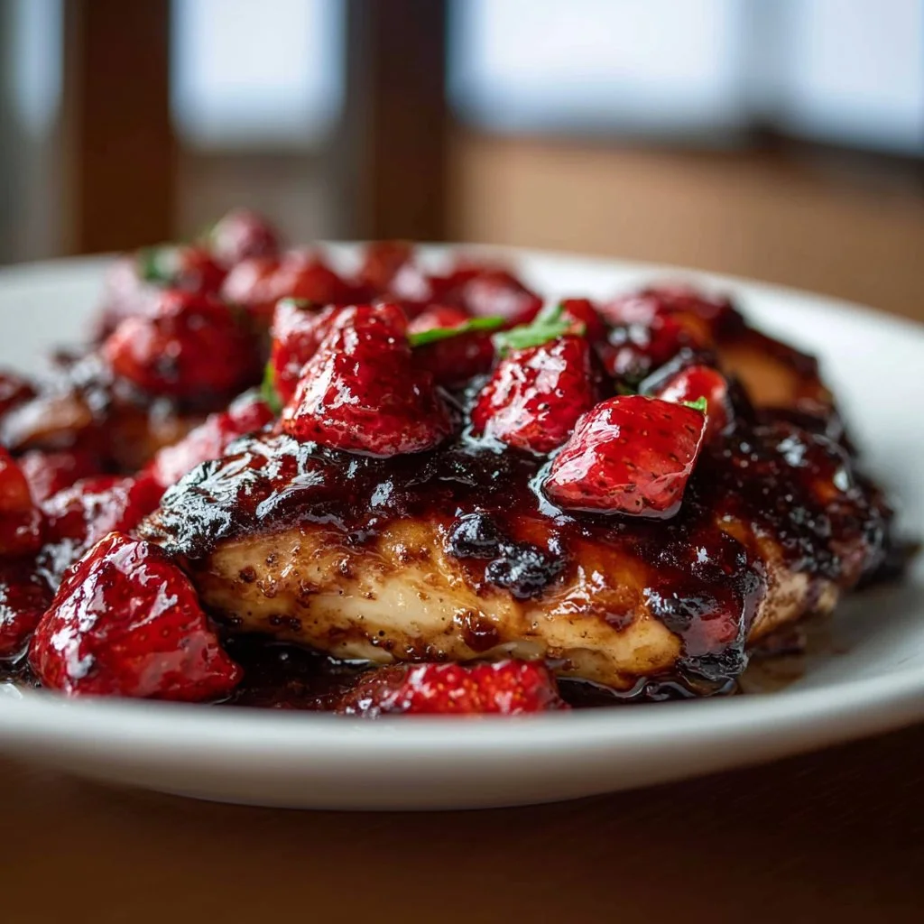 Delicious balsamic strawberry chicken dish served with fresh strawberries and herbs.