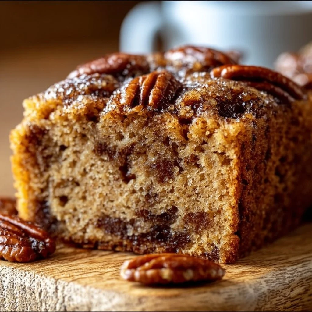 Slice of Sweet Alabama Pecanbread on a rustic wooden table