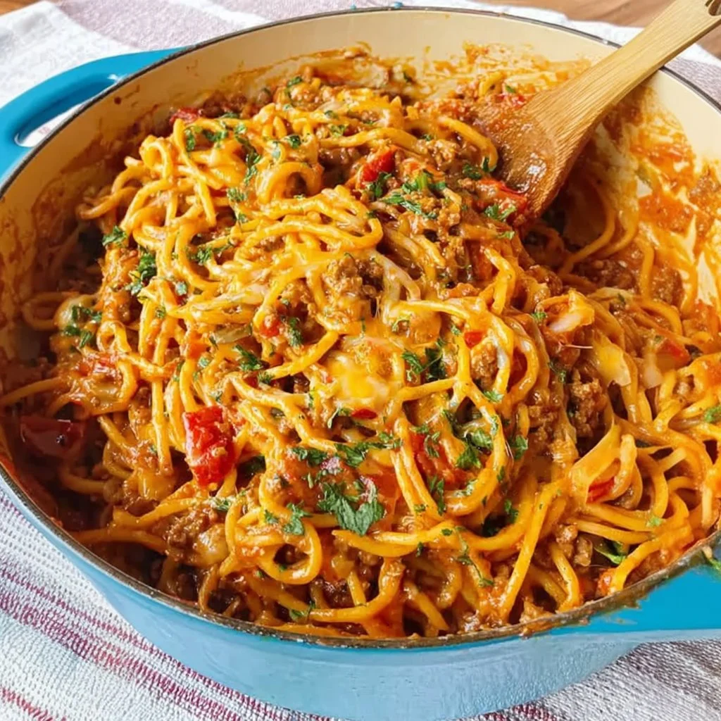 Bowl of Taco Spaghetti: A delicious fusion of tacos and pasta, garnished with cheese and herbs.