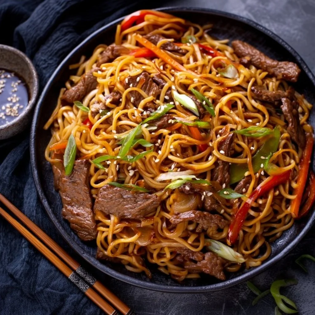 Delicious teriyaki beef noodles served with vegetables in a bowl