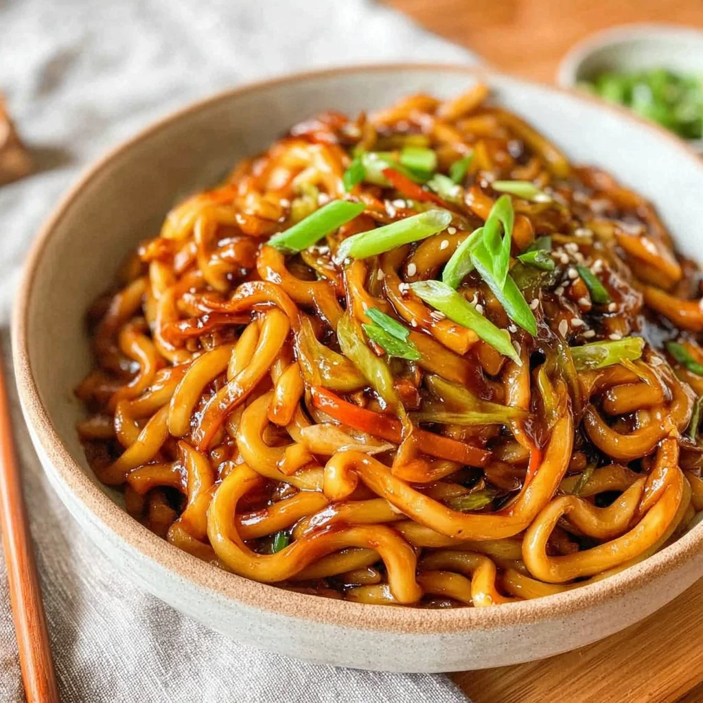 Bowl of teriyaki udon noodles garnished with green onions and sesame seeds