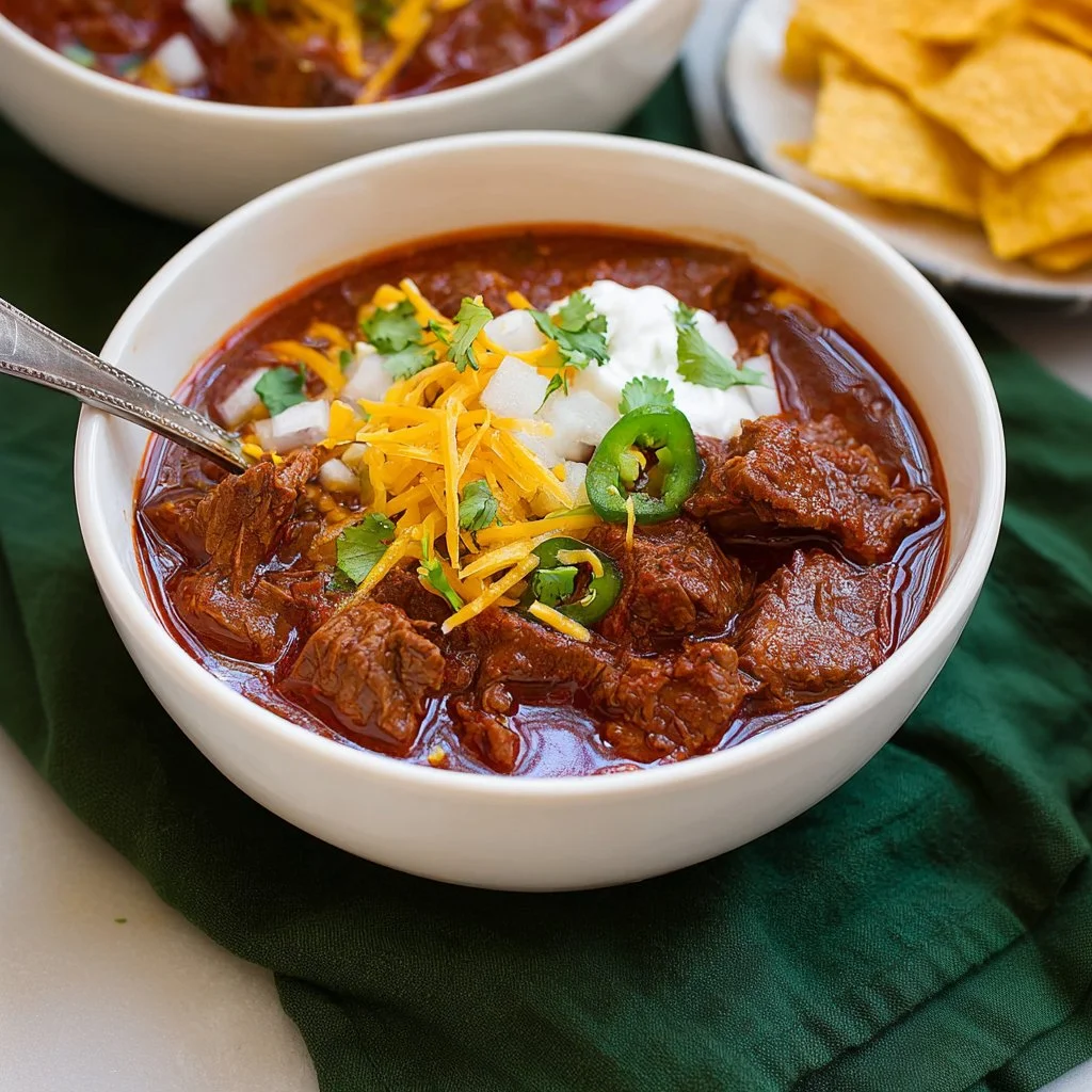 Delicious Texas Chili with Meat served in a bowl, garnished with fresh cilantro.