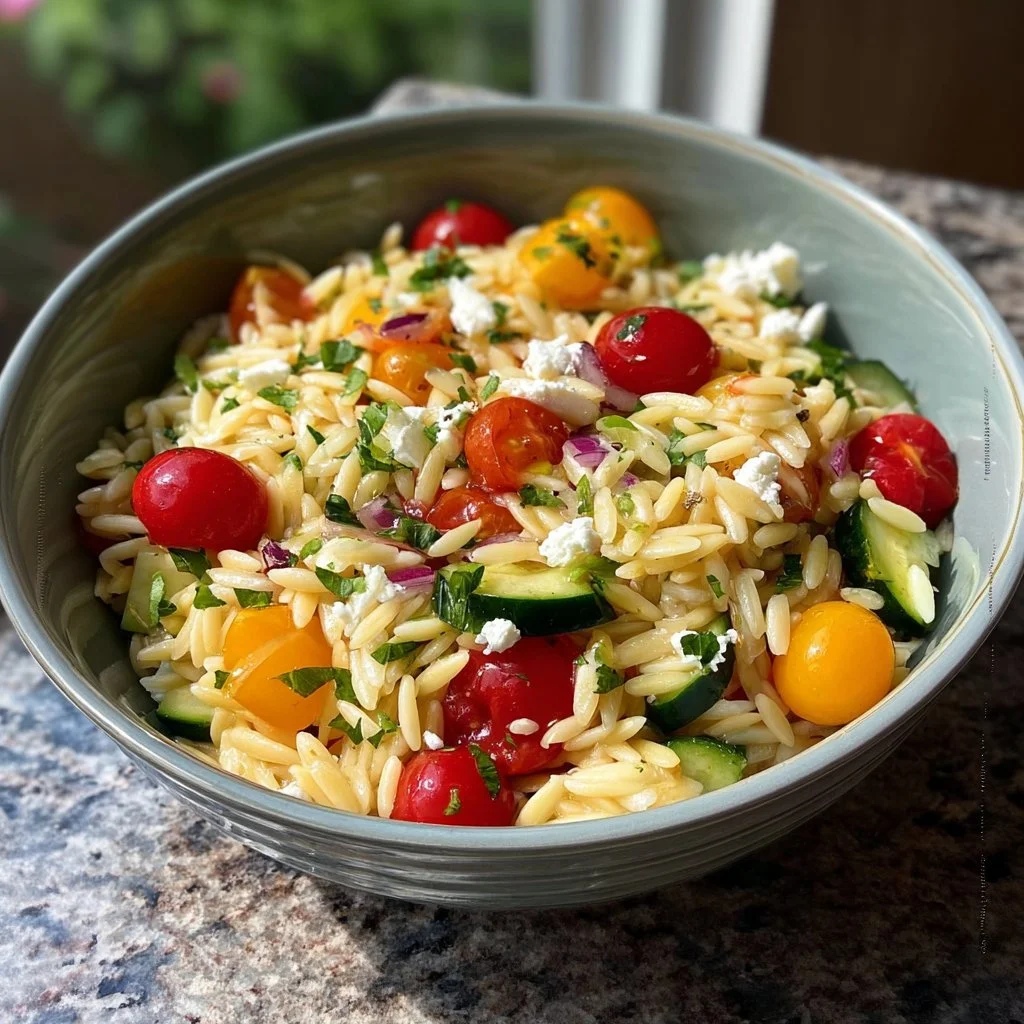 A vibrant orzo salad with fresh vegetables and herbs, showcasing the art of flavor.