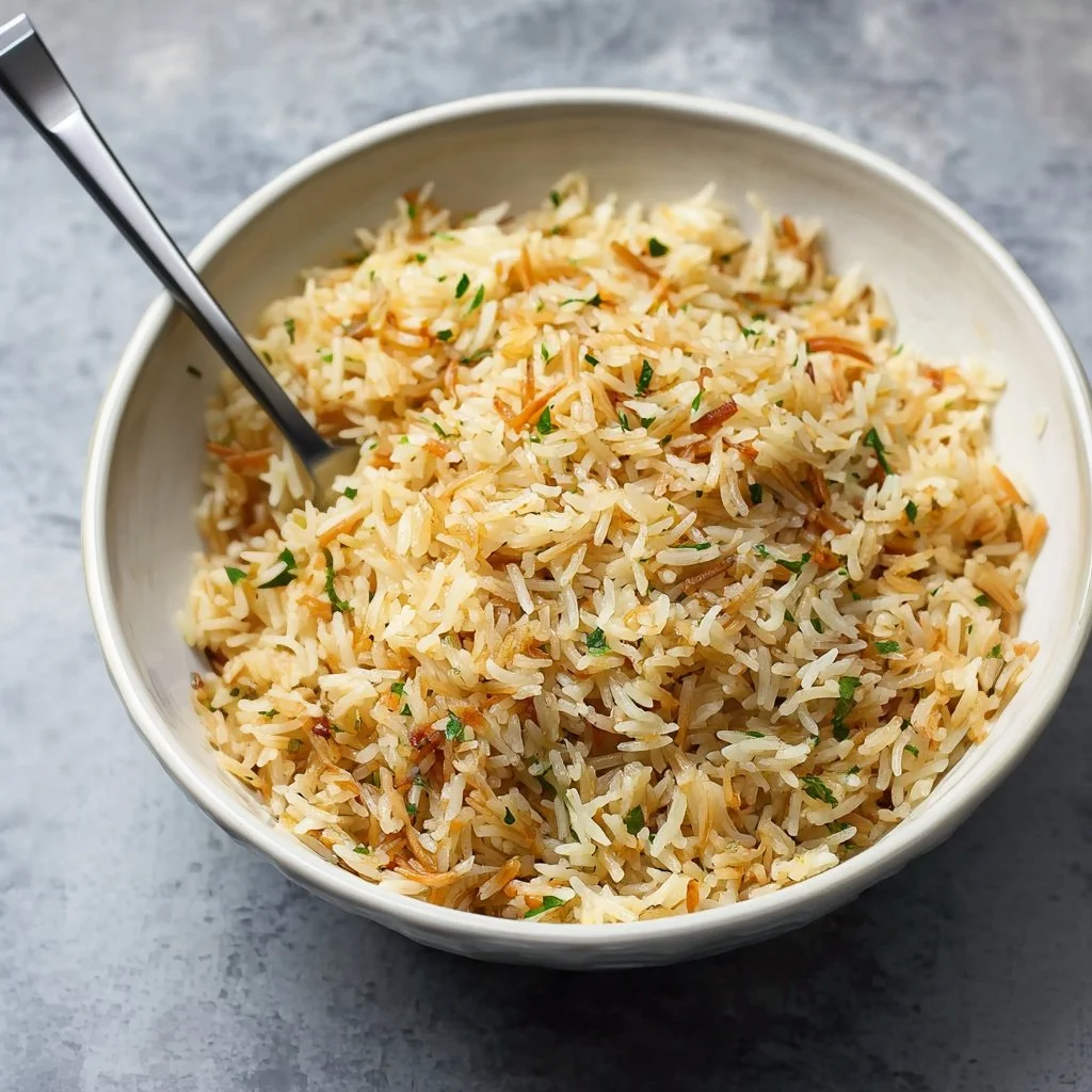 A beautifully plated dish of rice pilaf garnished with herbs and vegetables.
