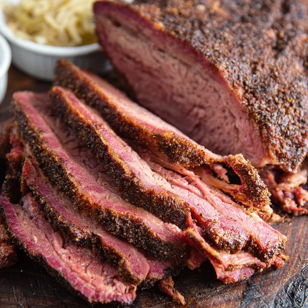Deliciously smoked corned beef brisket on a wooden cutting board