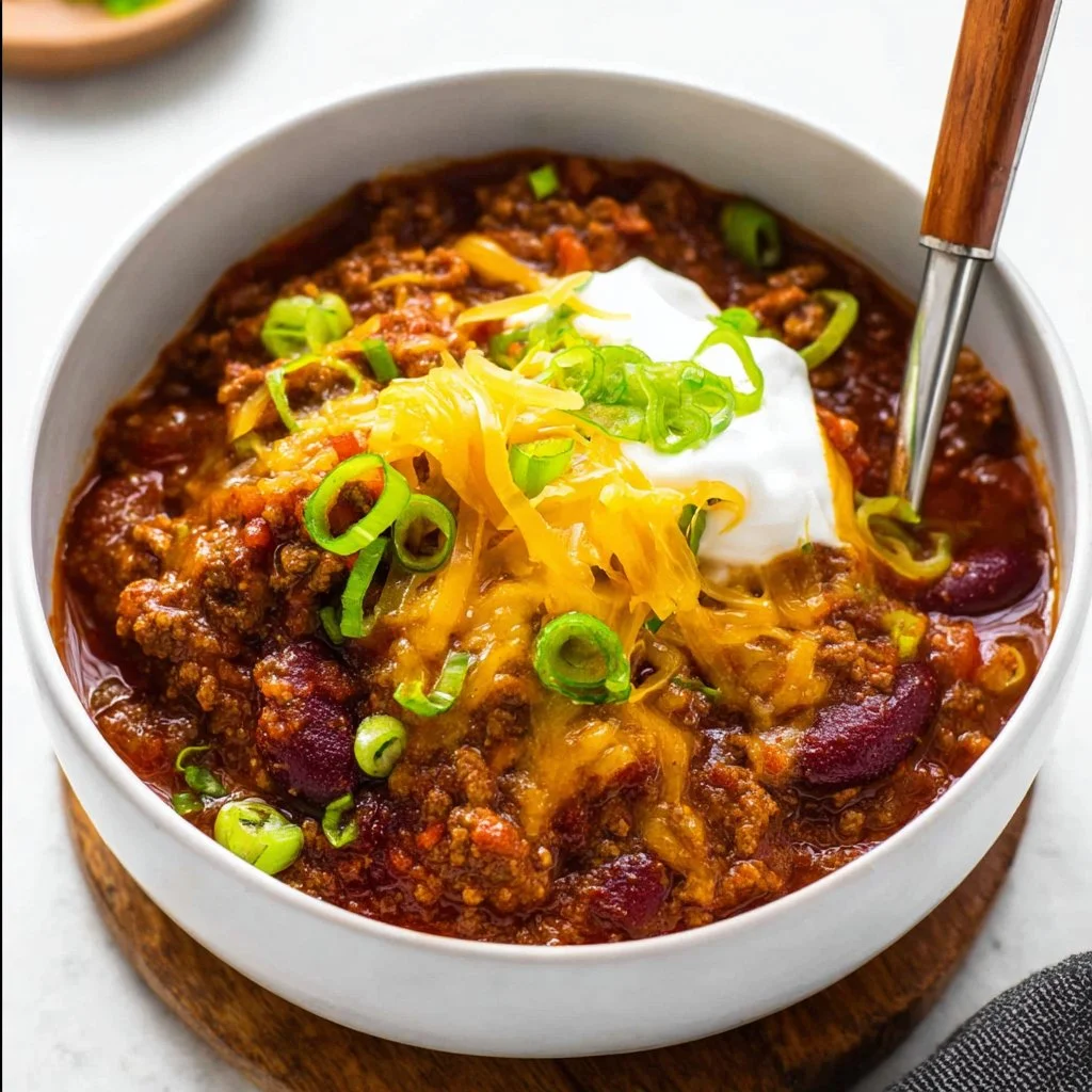 Bowl of the best chili recipe filled with beans, tomatoes, and spices.