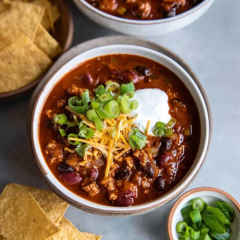 Hearty turkey chili served in a bowl with toppings, perfect for warming up.