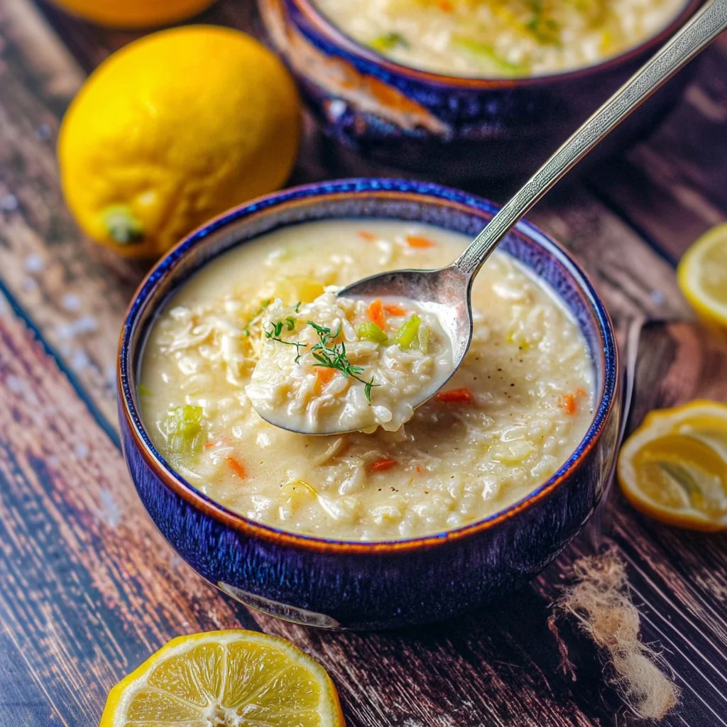 Bowl of Avgolemono, Greek lemon chicken soup garnished with fresh herbs.