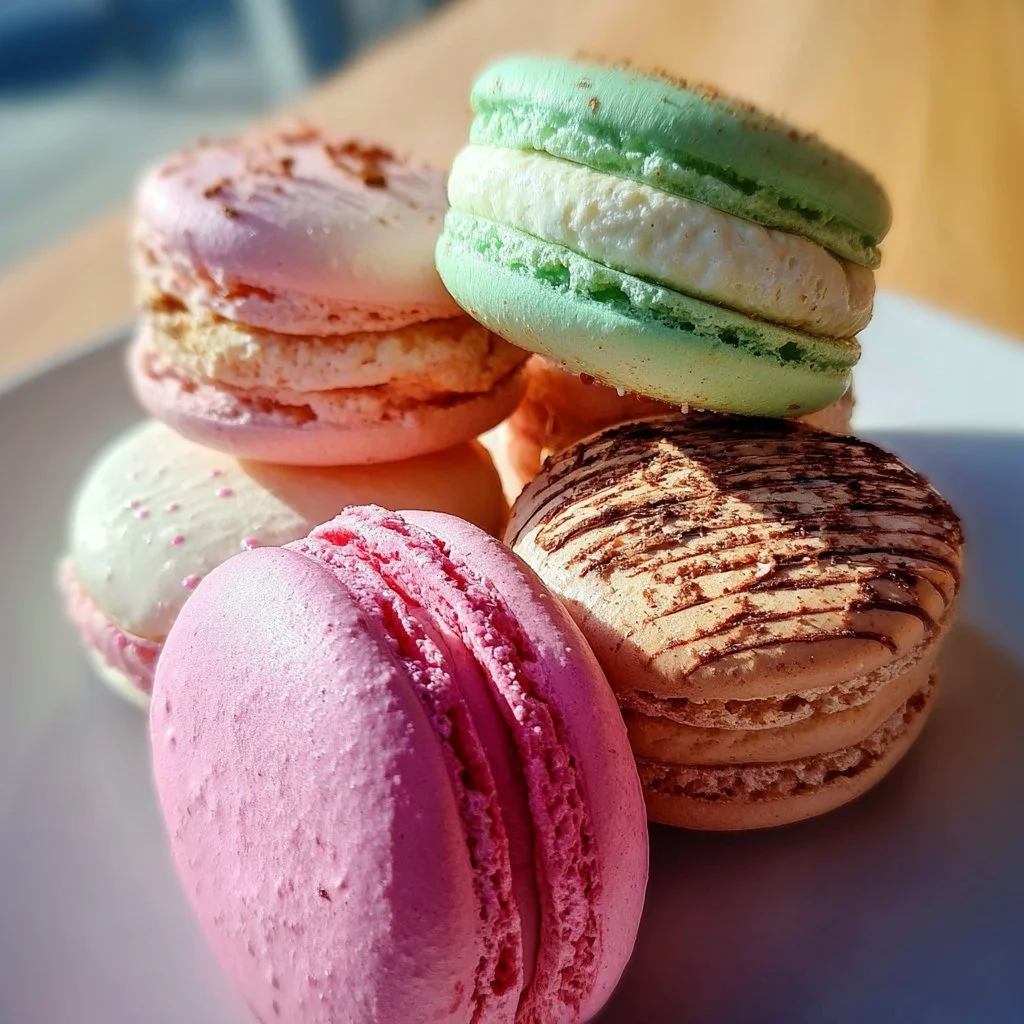 Beautifully arranged colorful French macarons on a decorative plate.