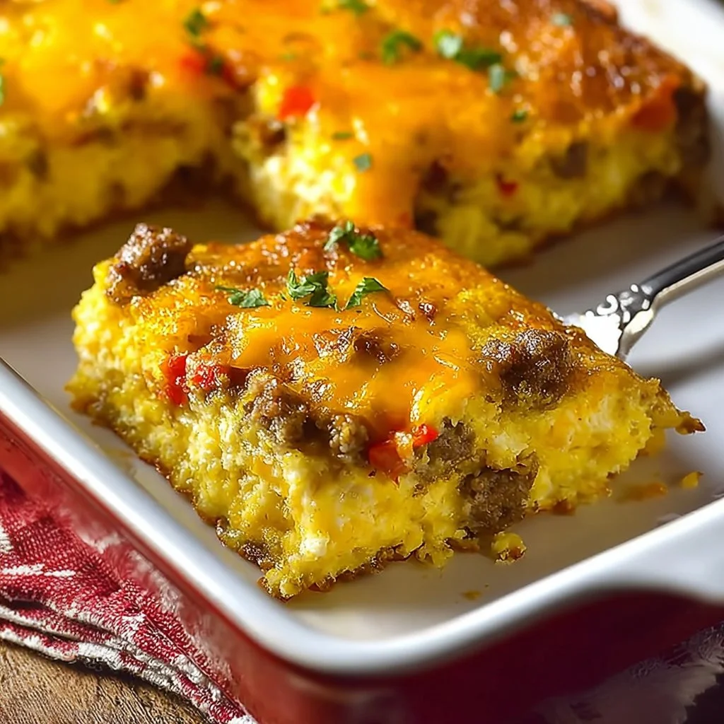Delicious sausage breakfast casserole served in a baking dish with toppings