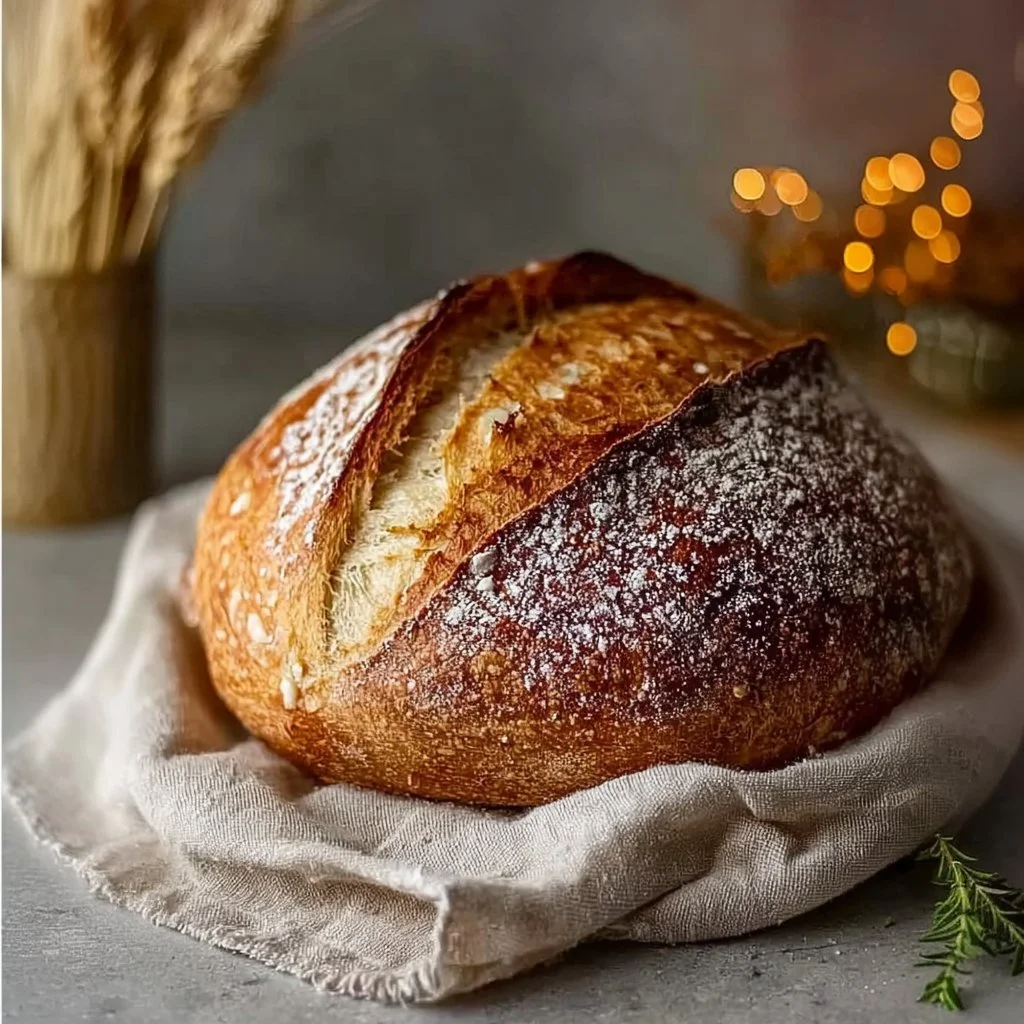 Loaf of eggnog sourdough bread garnished with holiday spices and decorations
