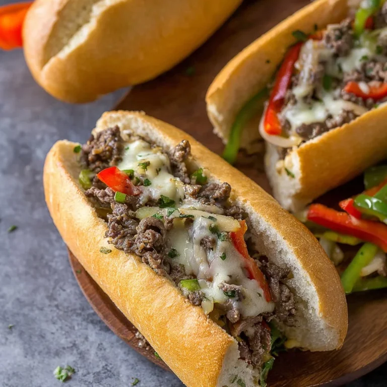 Delicious Philly cheesesteak with peppers and onions served on a hoagie roll