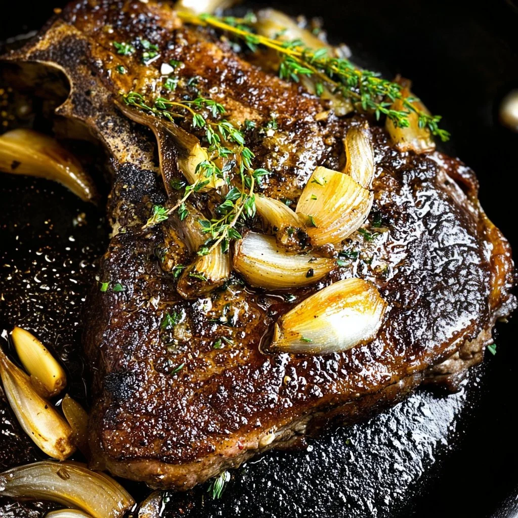 Juicy Garlic Herb Butter Steak served on a wooden cutting board