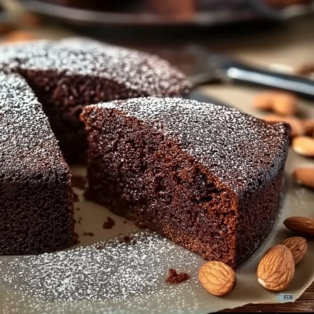 Delicious chocolate almond yogurt cake topped with chocolate ganache and almonds