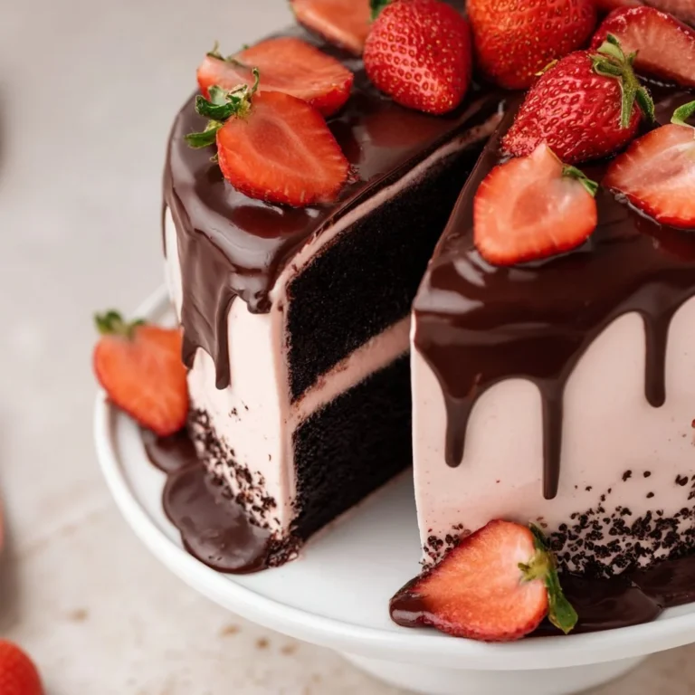 A decadent chocolate strawberry cake topped with fresh strawberries and chocolate ganache.