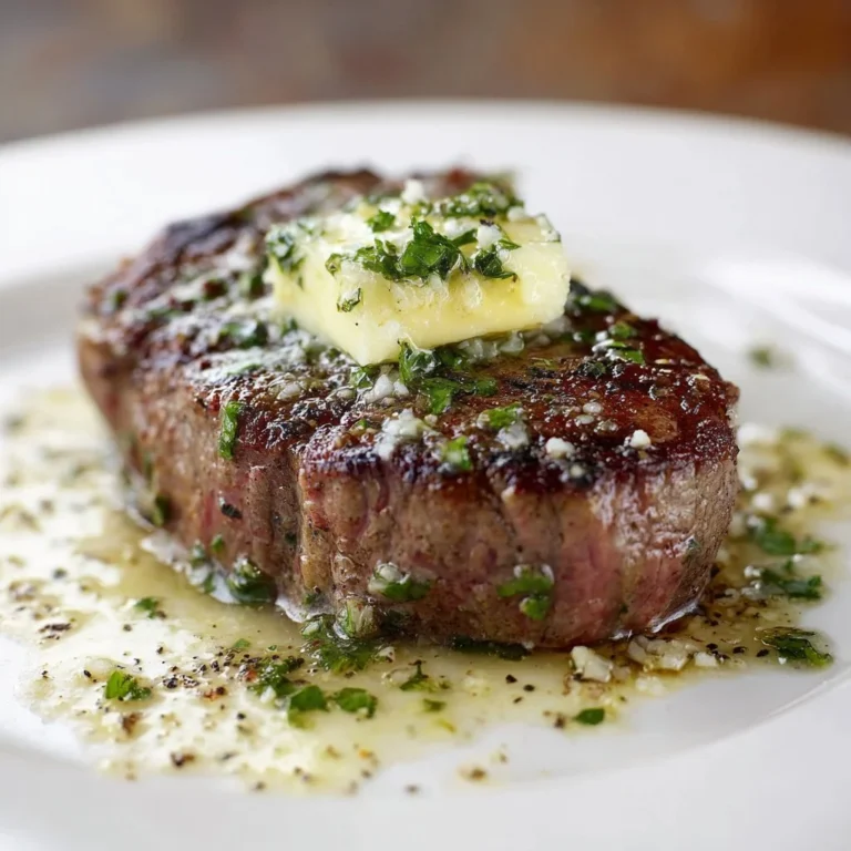 Juicy garlic butter steak garnished with herbs on a wooden cutting board