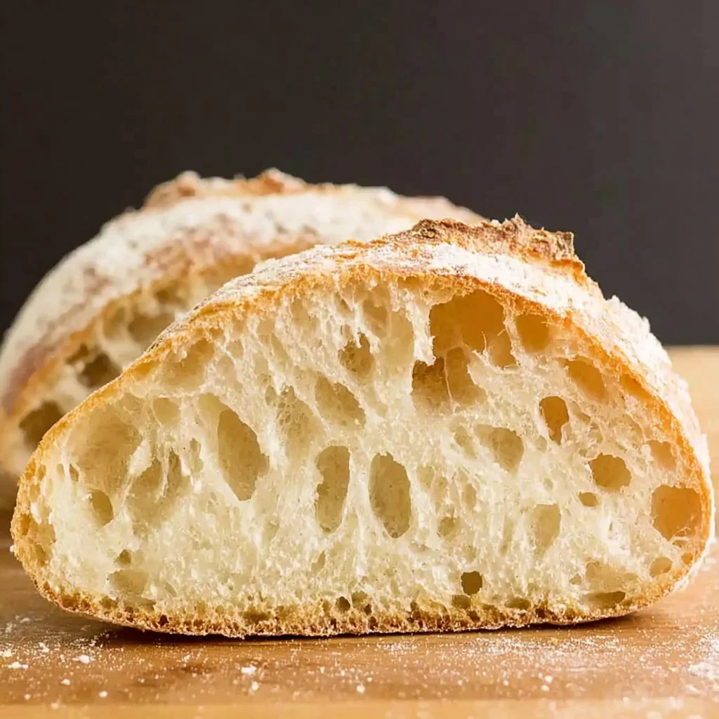 Freshly baked homemade ciabatta bread on a rustic wooden table.