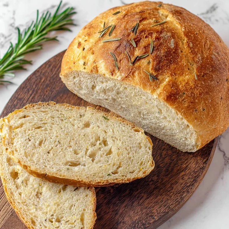 Loaf of delicious homemade rosemary bread on a wooden cutting board.