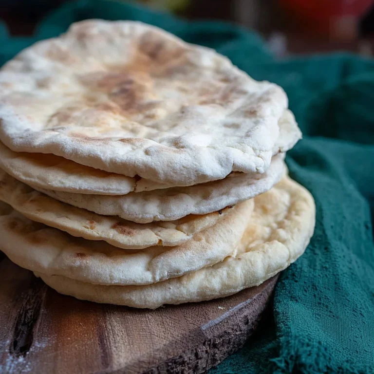 Homemade pita bread fresh out of the oven on a wooden table