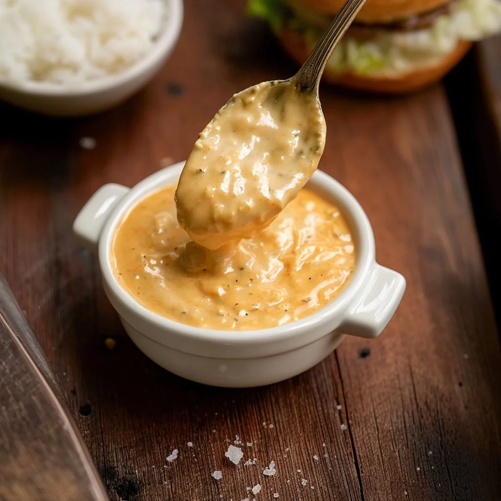 Homemade Big Mac sauce in a bowl with fresh ingredients.